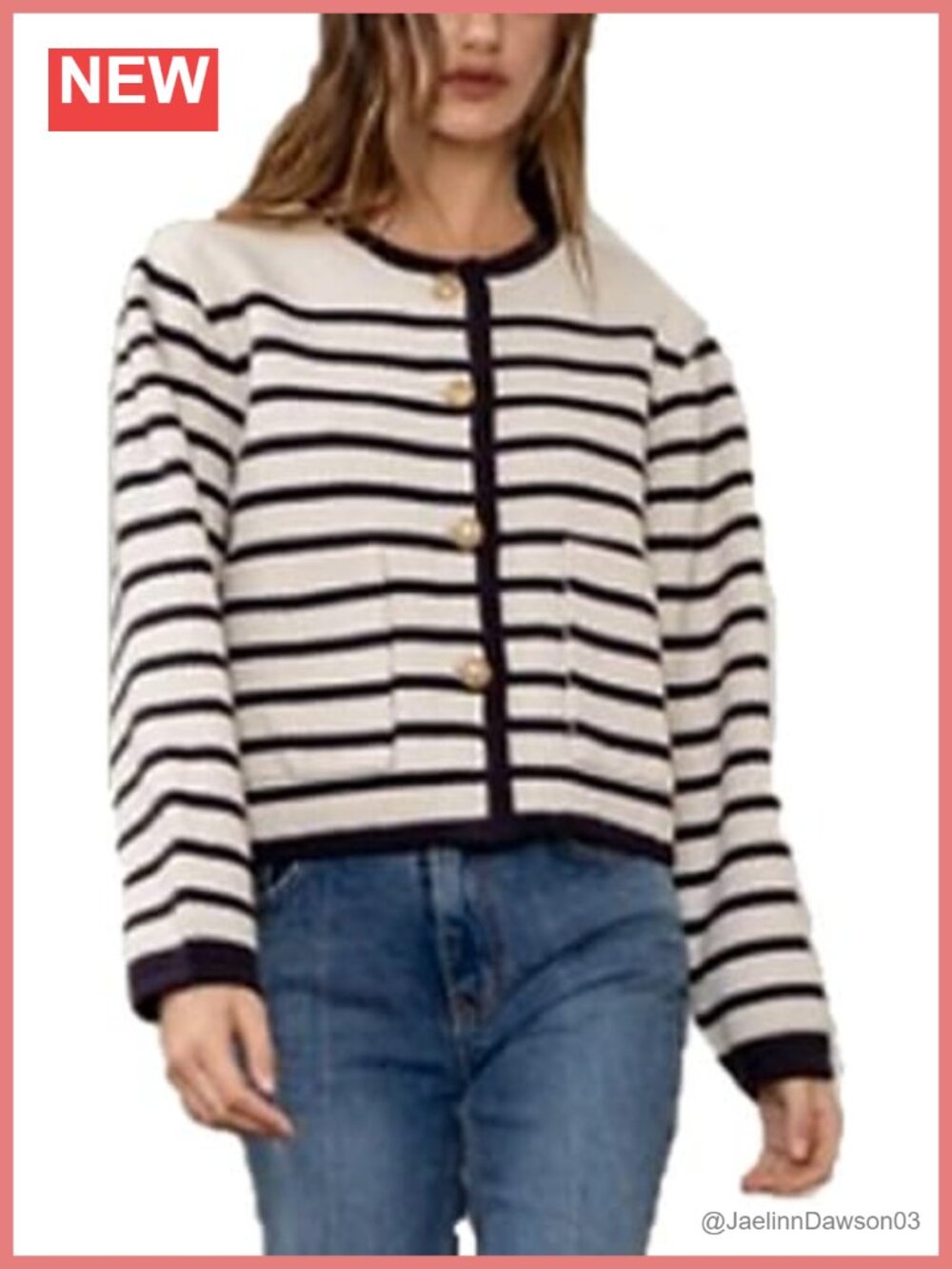 Long Sleeve Striped Cardigan Button Front Crew Neck Fall Preppy